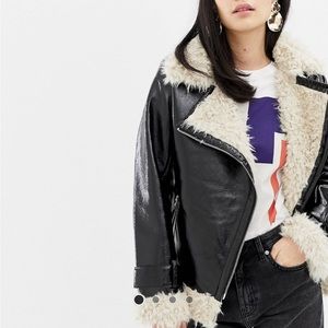 ASOS Oversized Cracked Patent Vinyl Faux Leather Biker Jacket Sherpa Borg Lined